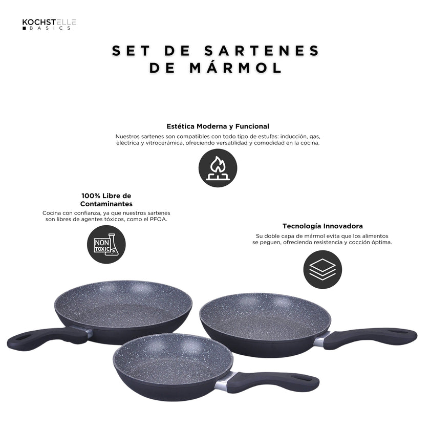KOCHSTELLE Set de Sartenes de Mármol Color Negro Antiadherente de 3 piezas