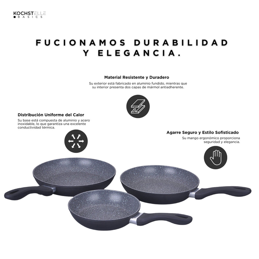 KOCHSTELLE Set de Sartenes de Mármol Color Negro Antiadherente de 3 piezas