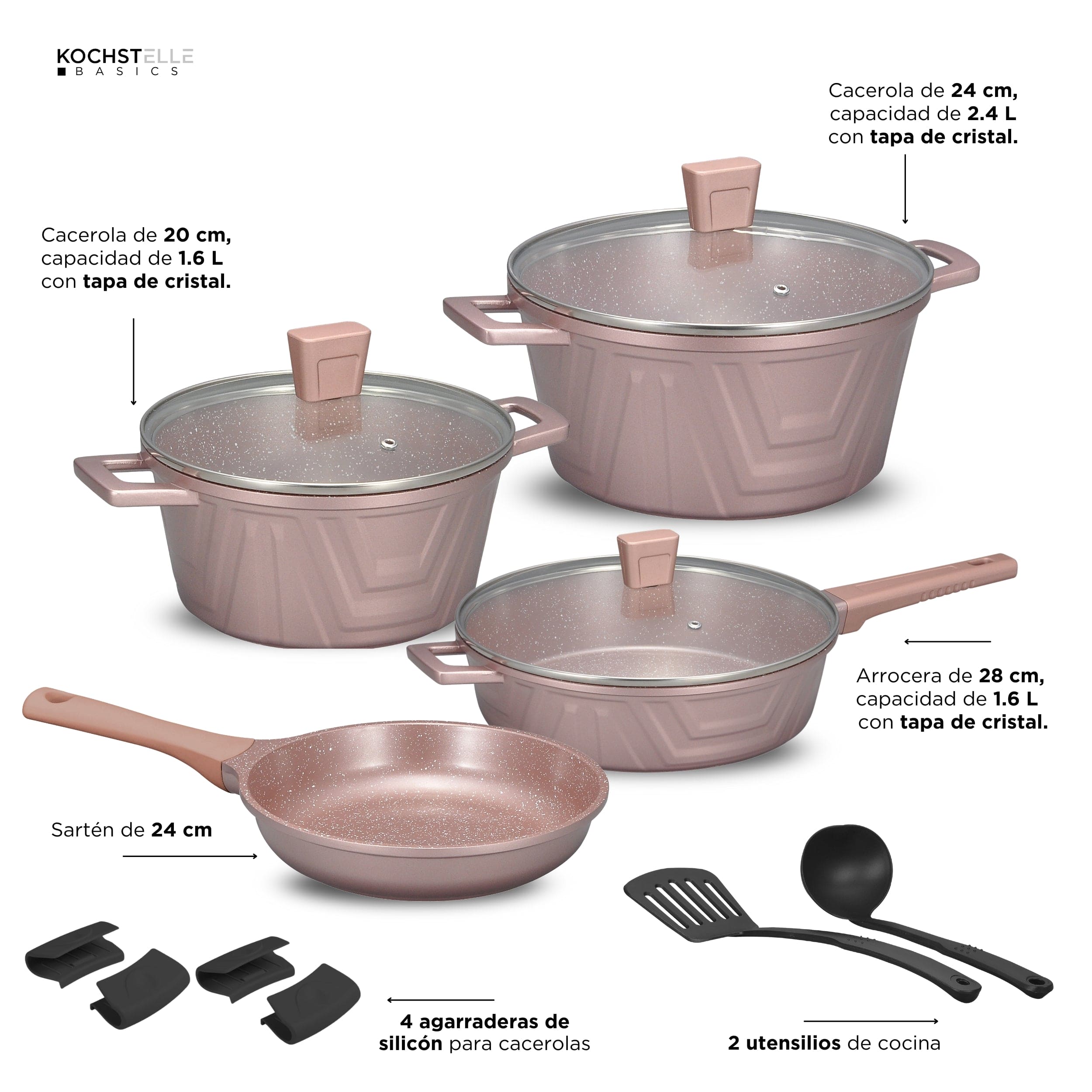 KOCHSTELLE Batería de Cocina Modern Color Rosa Antiadherente de 13 piezas