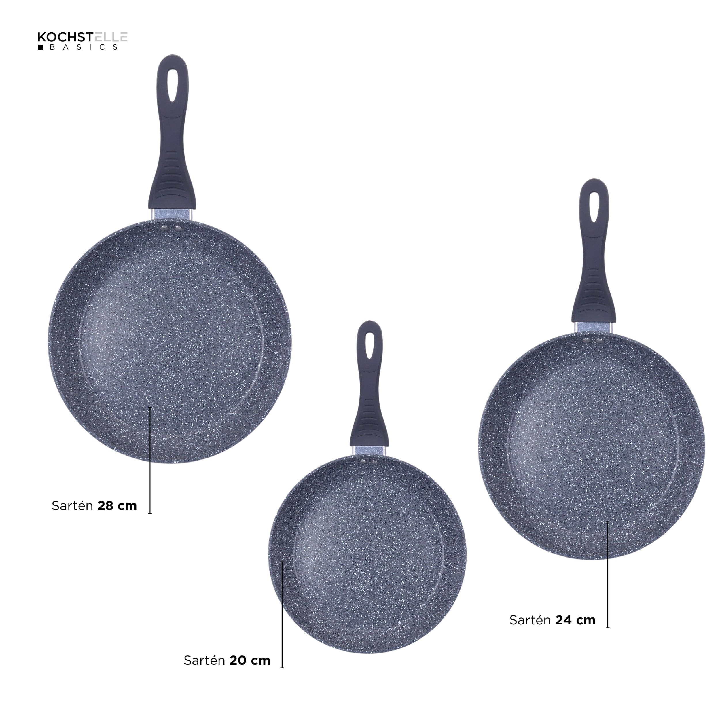 KOCHSTELLE Set de Sartenes de Mármol Color Negro Antiadherente de 3 piezas