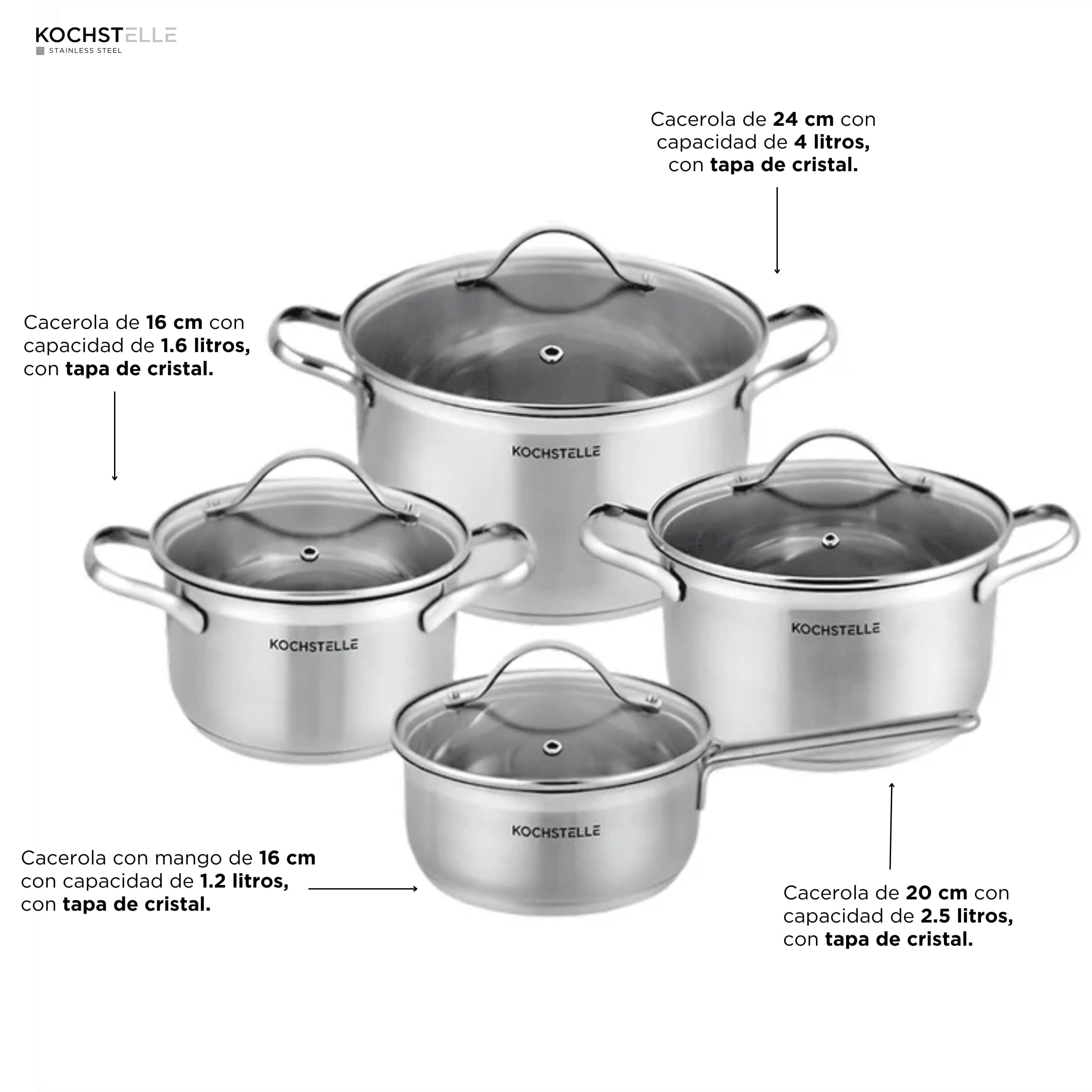 KOCHSTELLE Batería de Cocina de Acero Inoxidable Material de 18/10 de 8 piezas