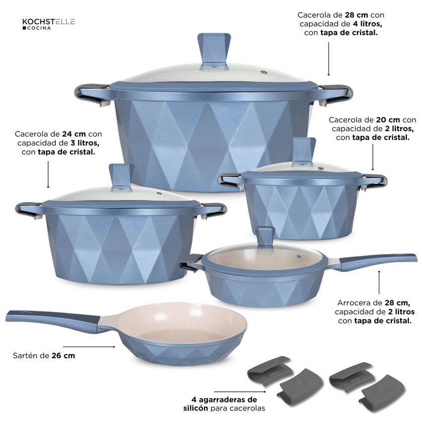 KOCHSTELLE Batería de Cocina Serenity Color Azul Antiadherente de 13 piezas