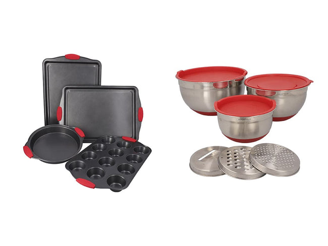 COMBO BAKE2★ Bandejas para hornear Antiadherente color Negro 4 piezas + Bowls mezcladores de acero inoxidable con silicón color rojo + 3 ralladores 9 piezas.