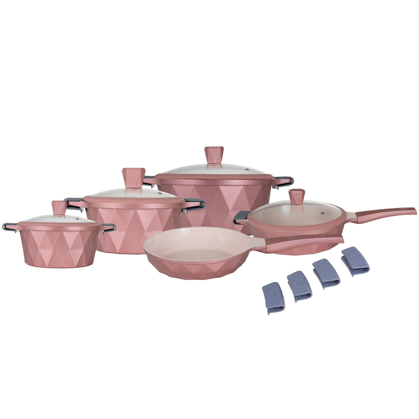 COMBO PINK ★  Batería de cocina Serenity Rosa Mármol 13 pzas. + Utensilios de cocina Rosas de silicón con soporte 12 pzas.