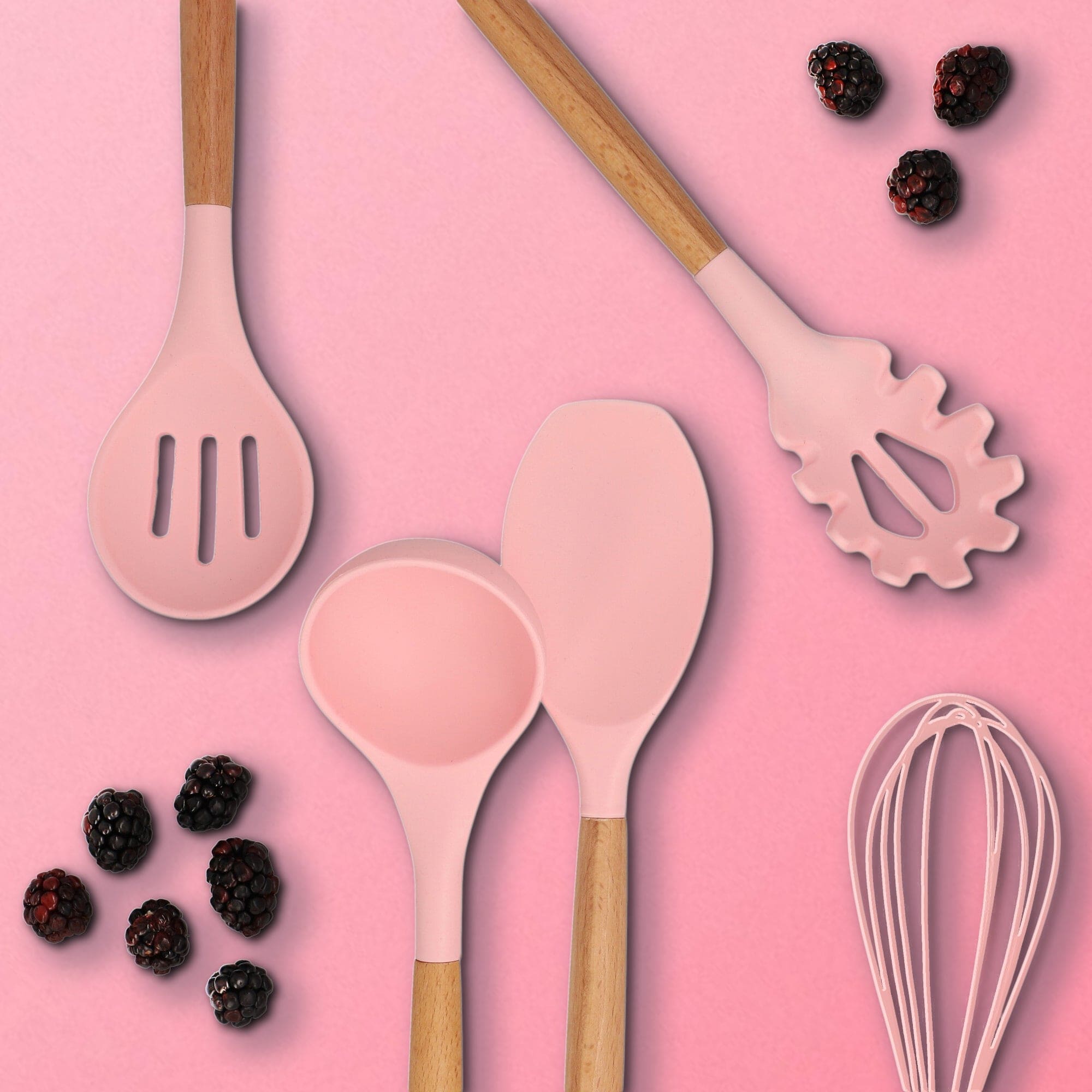 COMBO PINK ★  Batería de cocina Serenity Rosa Mármol 13 pzas. + Utensilios de cocina Rosas de silicón con soporte 12 pzas.