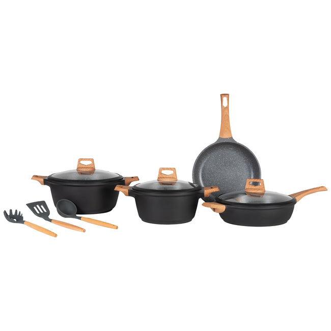 COMBO GREY★ Batería de cocina Wood con mármol antiadherente + juego de 3 palas 10 pzas. + Utensilios de cocina de silicón con soporte, color Blanco 12 pzas. + Pad Soporte de utensilios de cocina color Gris