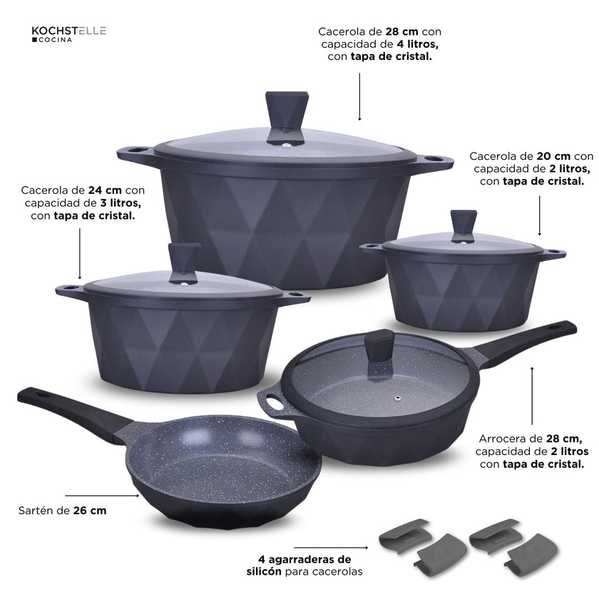 KOCHSTELLE Batería de Cocina Serenity Color Negro Antiadherente de 13 piezas