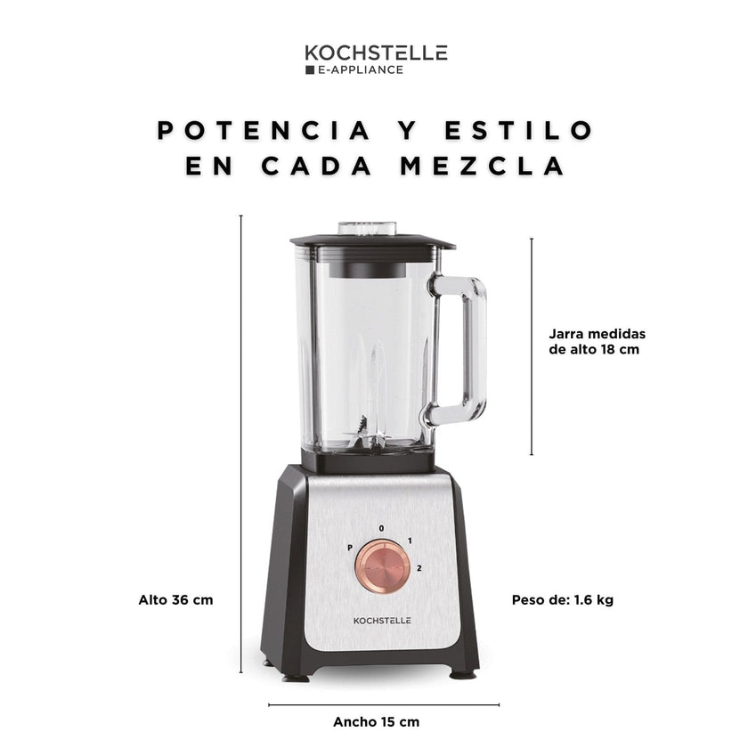 KOCHSTELLE Licuadora Negra con Perilla, Vaso de Vidrio de 1.6 L, 120 V