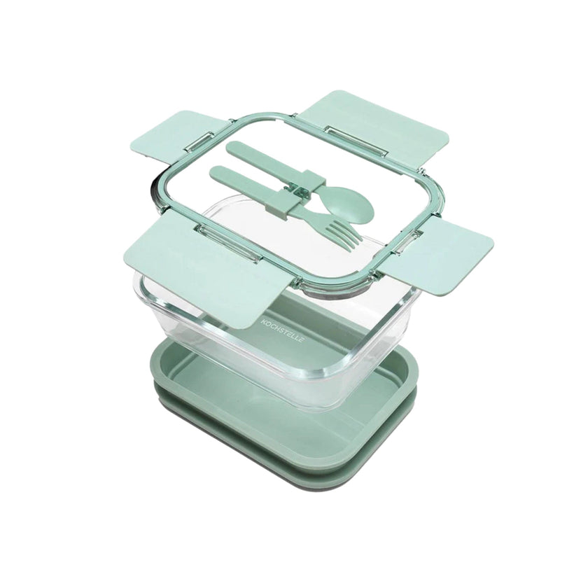 KOCHSTELLE Contenedor de Comida, Cristal y Plástico, Tapa con Cubiertos Color Verde 5 piezas