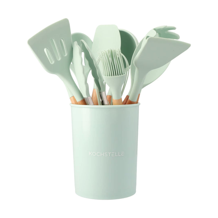 KOCHSTELLE Juego de Utensilios de Cocina Color Verde, Silicón con Madera 12 piezas