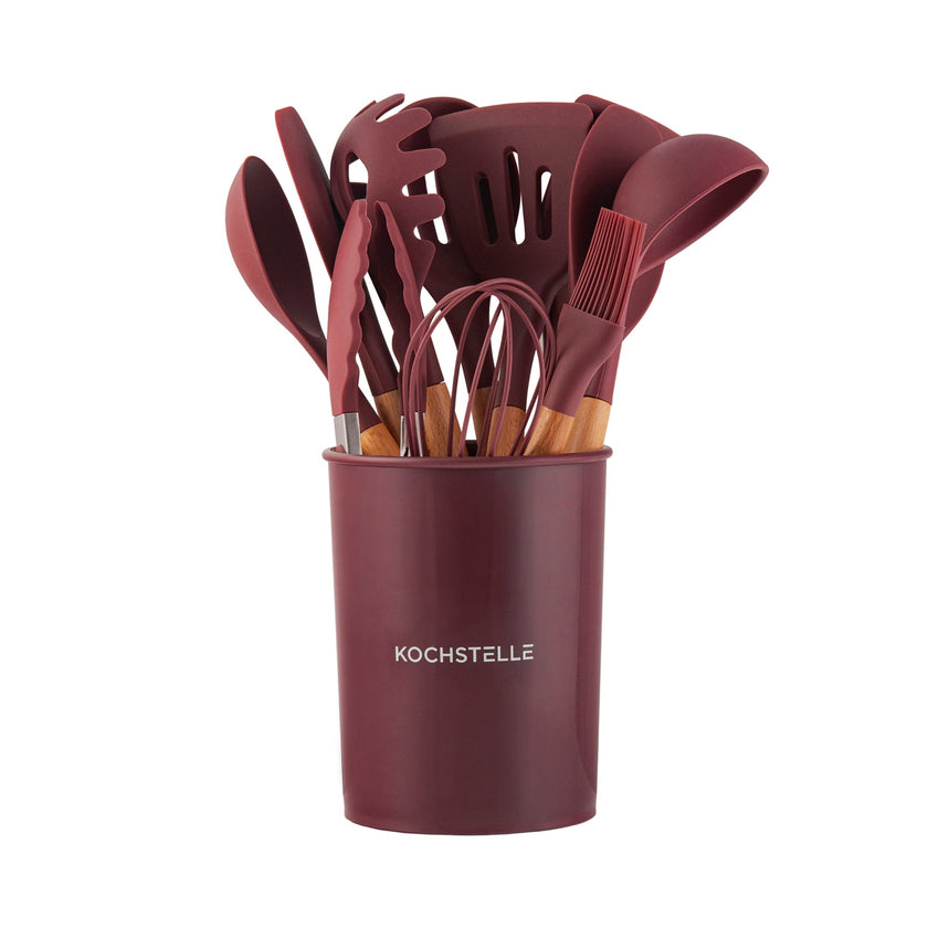 KOCHSTELLE Juego de Utensilios de Cocina Color Vino, Silicón con Madera 12 piezas