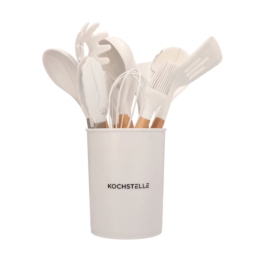 KOCHSTELLE Juego de Utensilios de Cocina Color Blanco, Silicón con Madera 12 piezas