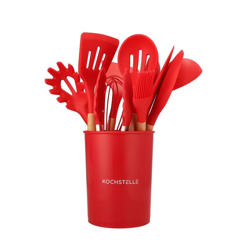 KOCHSTELLE Juego de Utensilios de Cocina Color Rojo, Silicón con Madera 12 piezas