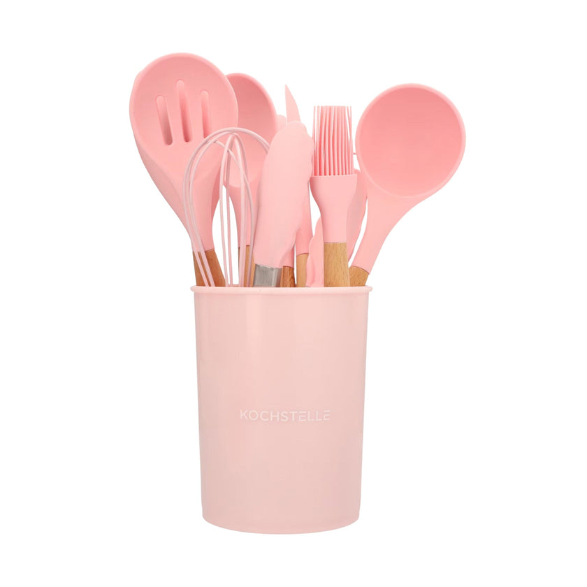 KOCHSTELLE Juego de Utensilios de Cocina Color Rosa, Silicón con Madera 12 piezas