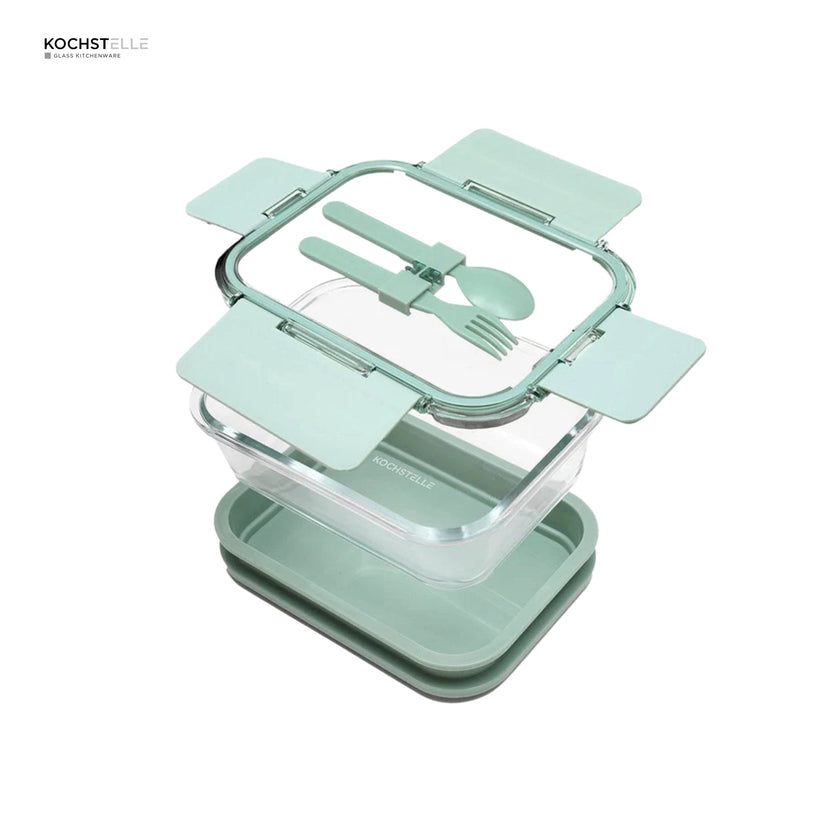 KOCHSTELLE Contenedor de Comida, Cristal y Plástico, Tapa con Cubiertos Color Verde 5 piezas