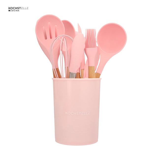 KOCHSTELLE Juego de Utensilios de Cocina Color Rosa, Silicón con Madera 12 piezas