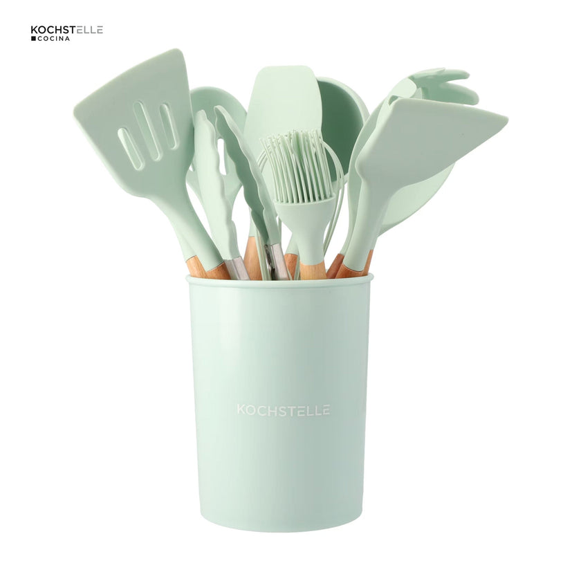 KOCHSTELLE Juego de Utensilios de Cocina Color Verde, Silicón con Madera 12 piezas