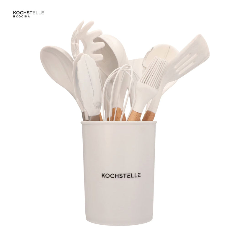 KOCHSTELLE Juego de Utensilios de Cocina Color Blanco, Silicón con Madera 12 piezas
