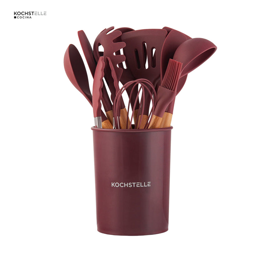 KOCHSTELLE Juego de Utensilios de Cocina Color Vino, Silicón con Madera 12 piezas