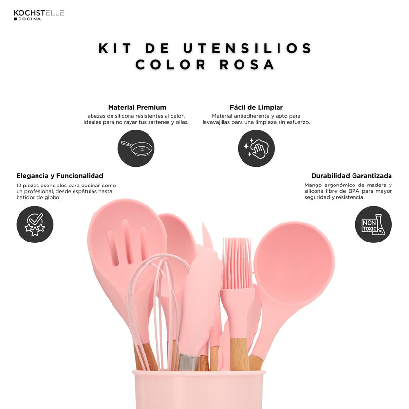 KOCHSTELLE Juego de Utensilios de Cocina Color Rosa, Silicón con Madera 12 piezas
