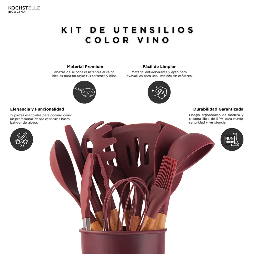 KOCHSTELLE Juego de Utensilios de Cocina Color Vino, Silicón con Madera 12 piezas