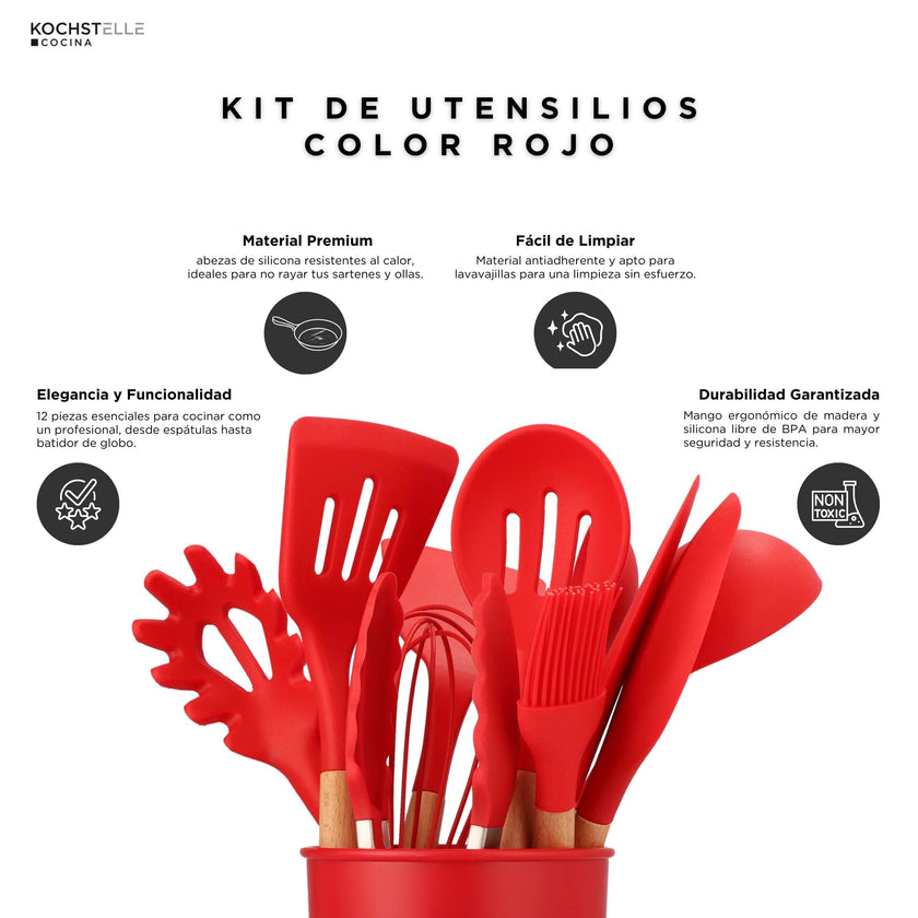 KOCHSTELLE Juego de Utensilios de Cocina Color Rojo, Silicón con Madera 12 piezas