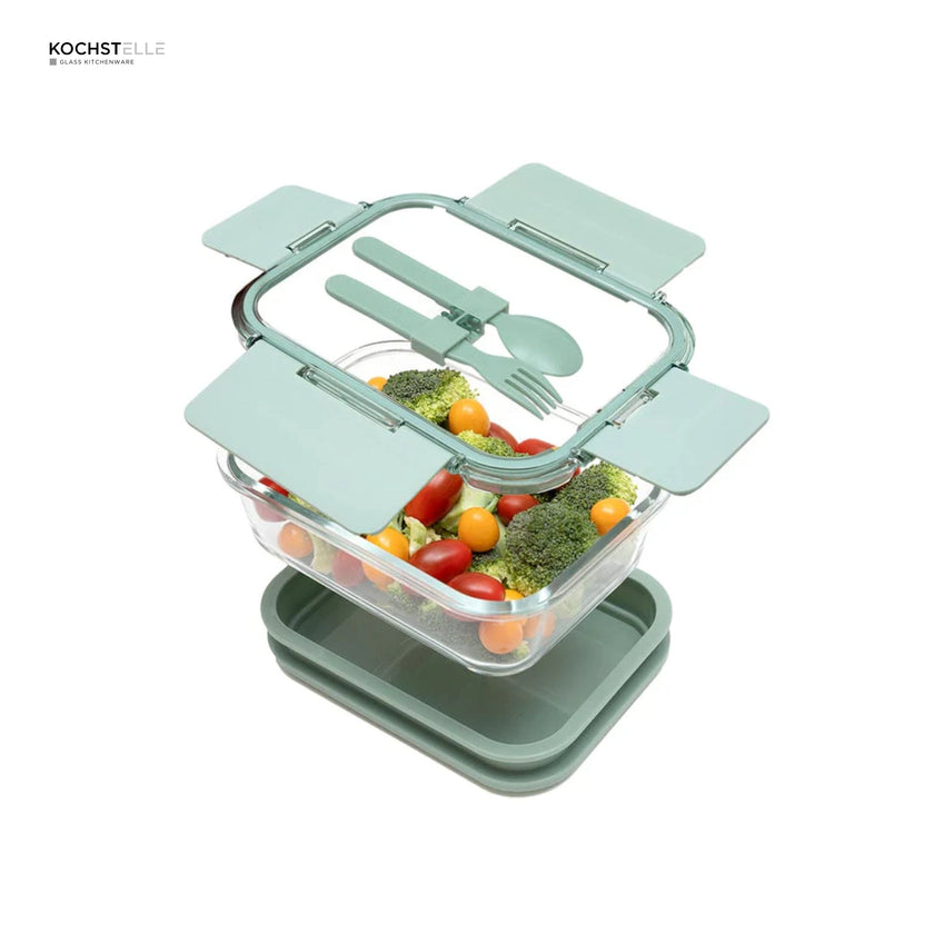 KOCHSTELLE Contenedor de Comida, Cristal y Plástico, Tapa con Cubiertos Color Verde 5 piezas