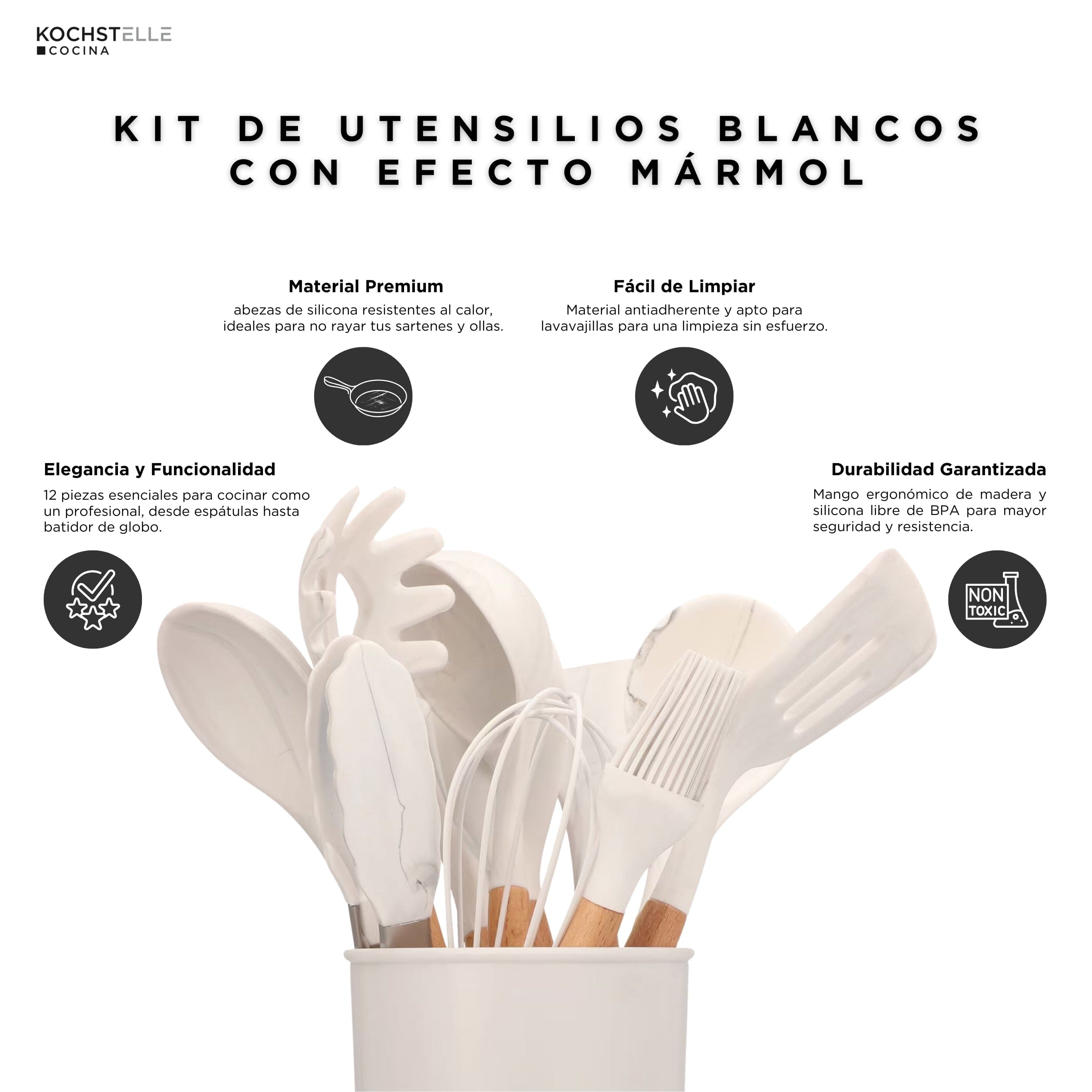 KOCHSTELLE Juego de Utensilios de Cocina Color Blanco, Silicón con Madera 12 piezas