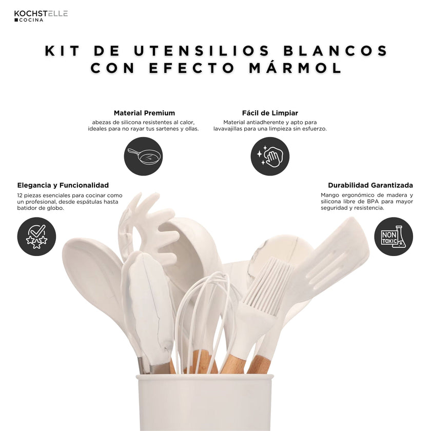 KOCHSTELLE Juego de Utensilios de Cocina Color Blanco, Silicón con Madera 12 piezas