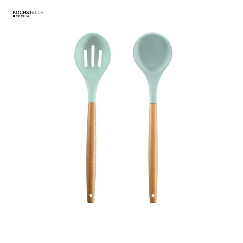 KOCHSTELLE Juego de Utensilios de Cocina Color Verde, Silicón con Madera 12 piezas