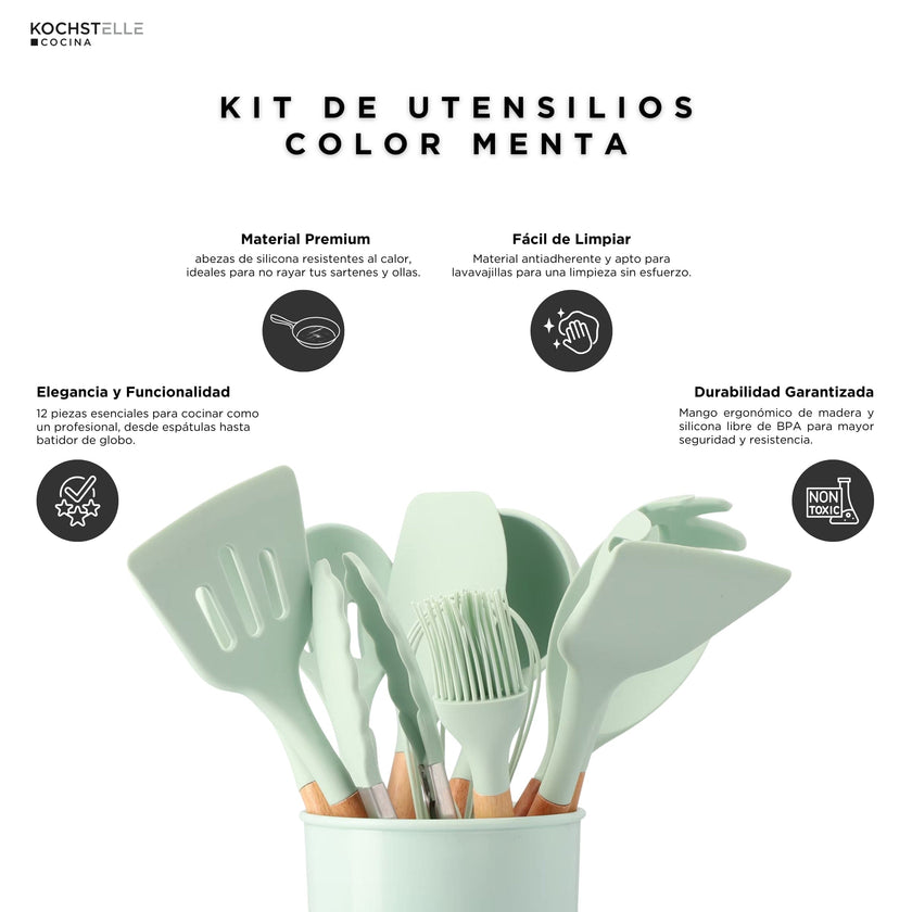 KOCHSTELLE Juego de Utensilios de Cocina Color Verde, Silicón con Madera 12 piezas