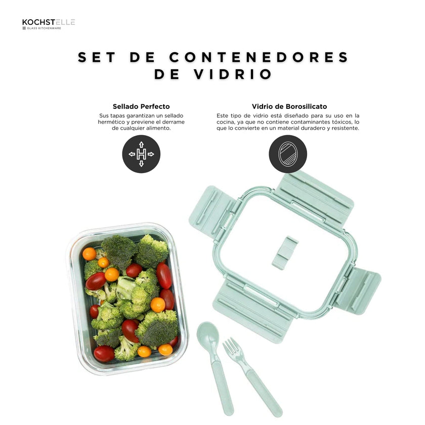 KOCHSTELLE Contenedor de Comida, Cristal y Plástico, Tapa con Cubiertos Color Verde 5 piezas