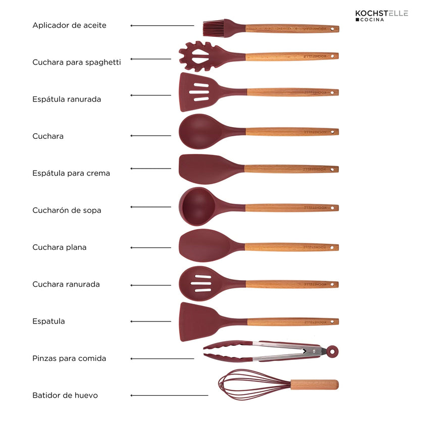 KOCHSTELLE Juego de Utensilios de Cocina Color Vino, Silicón con Madera 12 piezas