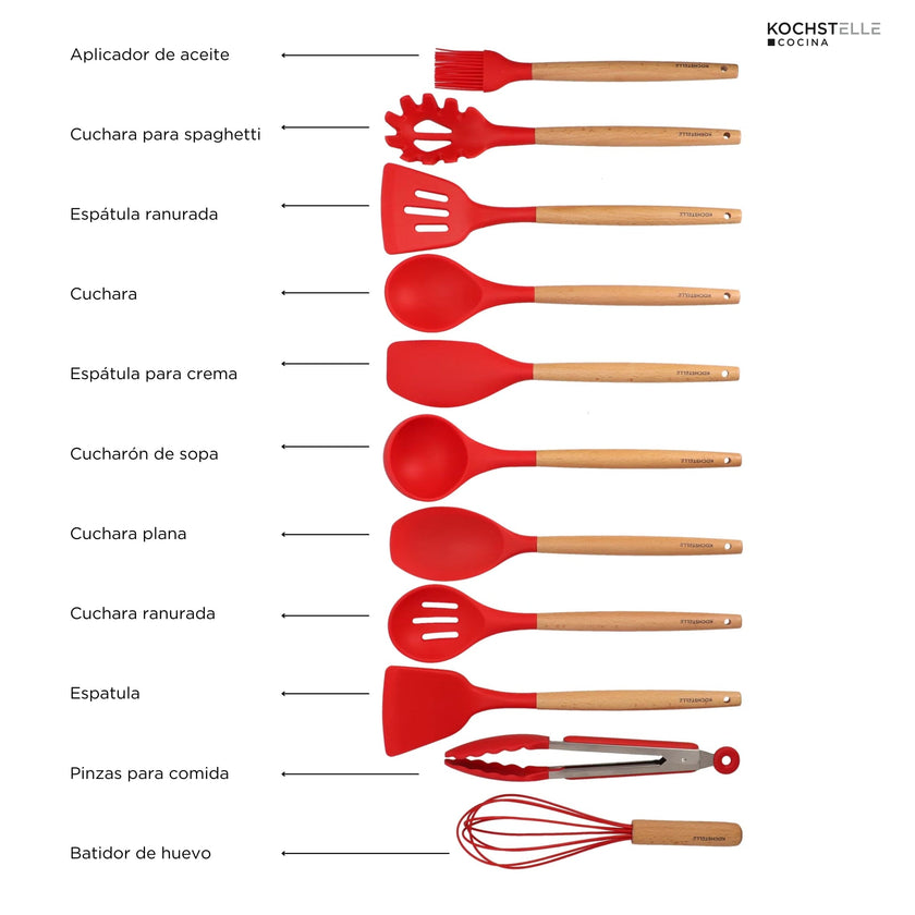KOCHSTELLE Juego de Utensilios de Cocina Color Rojo, Silicón con Madera 12 piezas