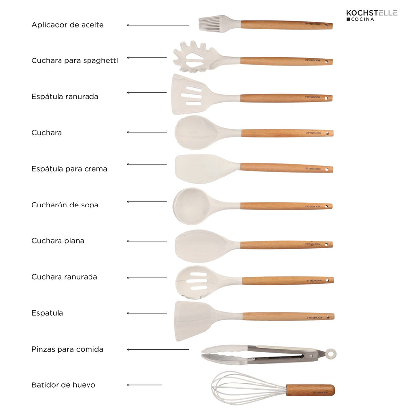 KOCHSTELLE Juego de Utensilios de Cocina Color Blanco, Silicón con Madera 12 piezas