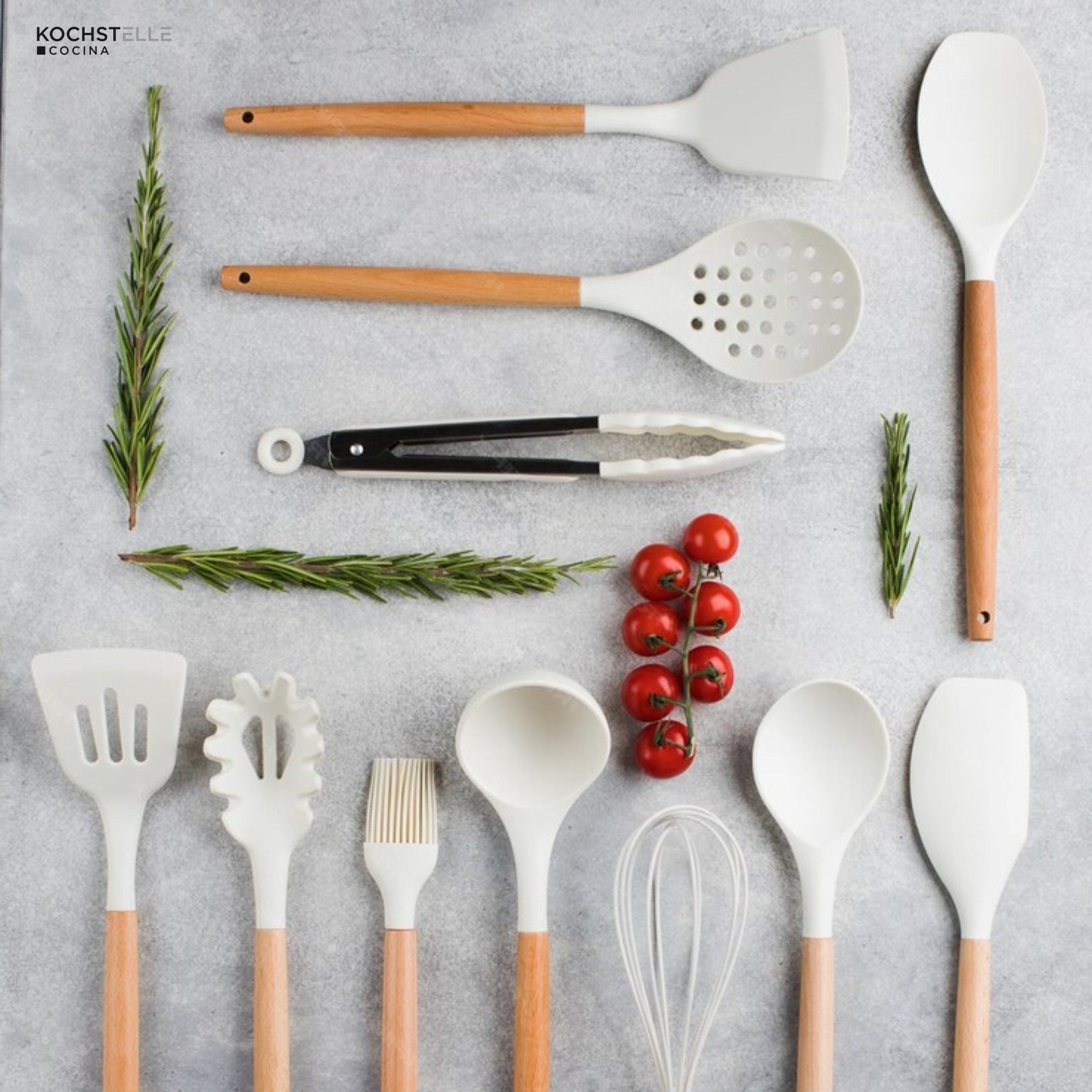KOCHSTELLE Juego de Utensilios de Cocina Color Blanco, Silicón con Madera 12 piezas