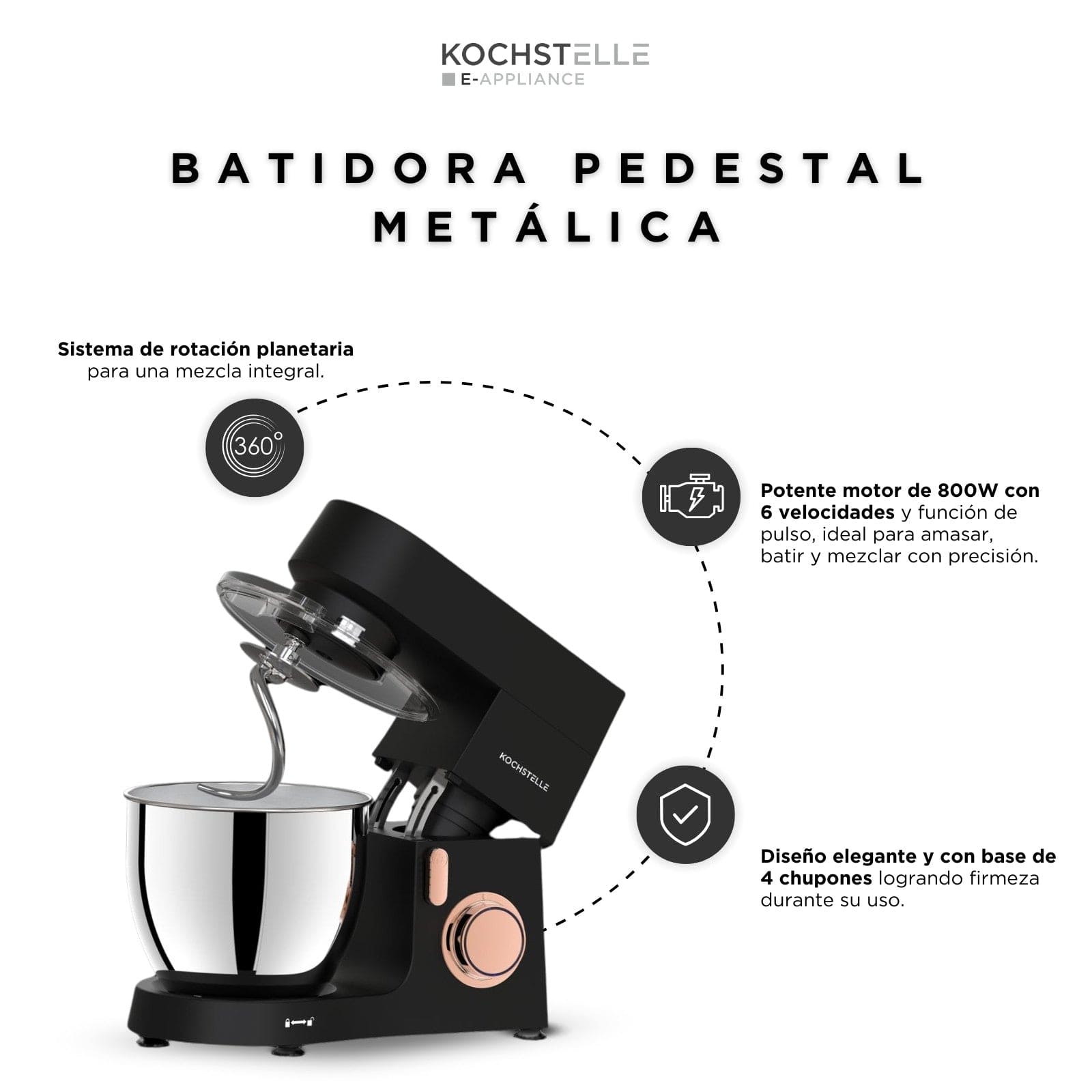 KOCHSTELLE Batidora de pedestal con cuerpo de metal Negra, 800 W  con 6 velocidades ajustables más pulso.