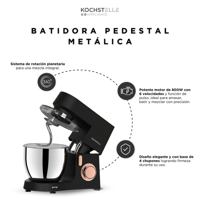 KOCHSTELLE Batidora de pedestal con cuerpo de metal Negra, 800 W  con 6 velocidades ajustables más pulso.