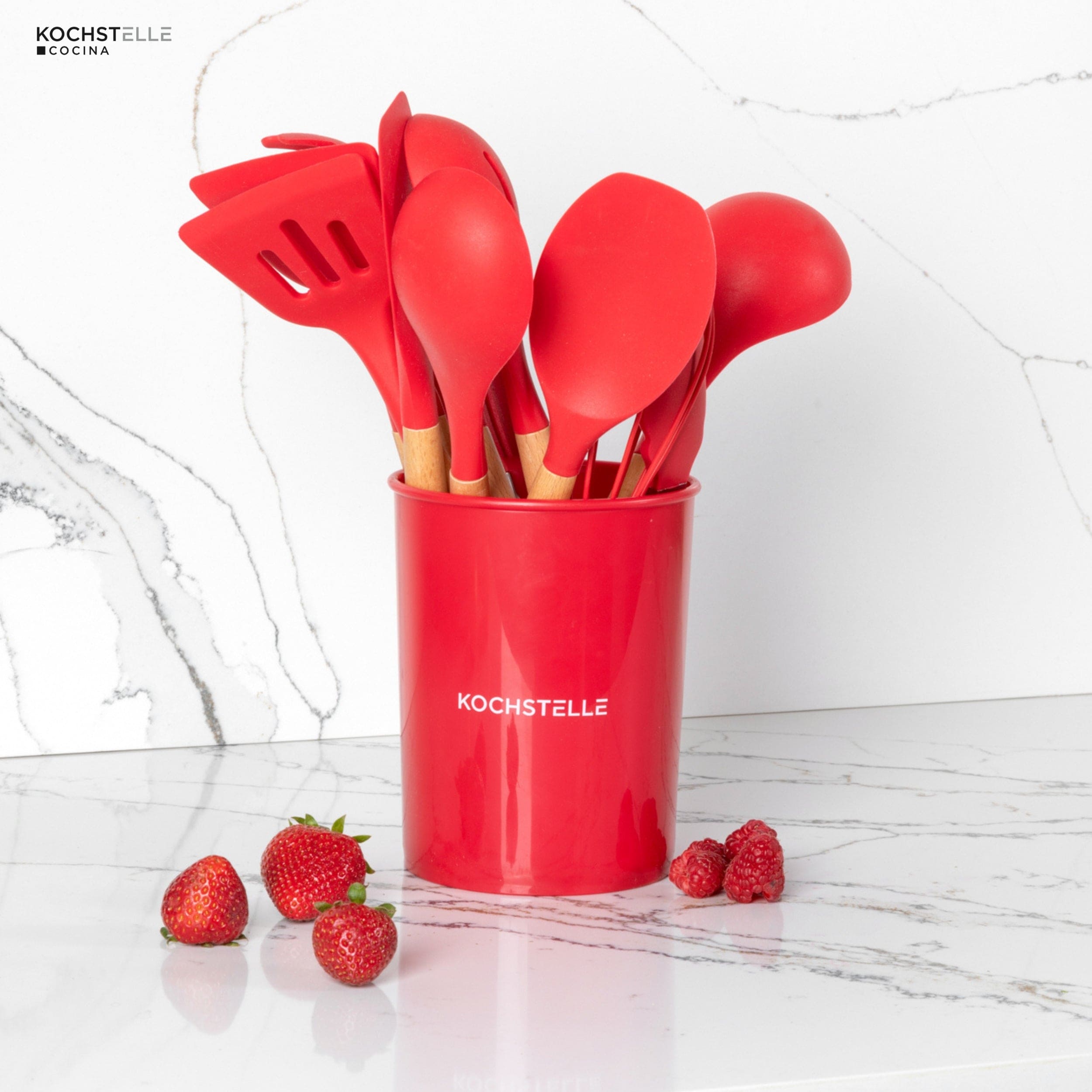 KOCHSTELLE Juego de Utensilios de Cocina Color Rojo, Silicón con Madera 12 piezas