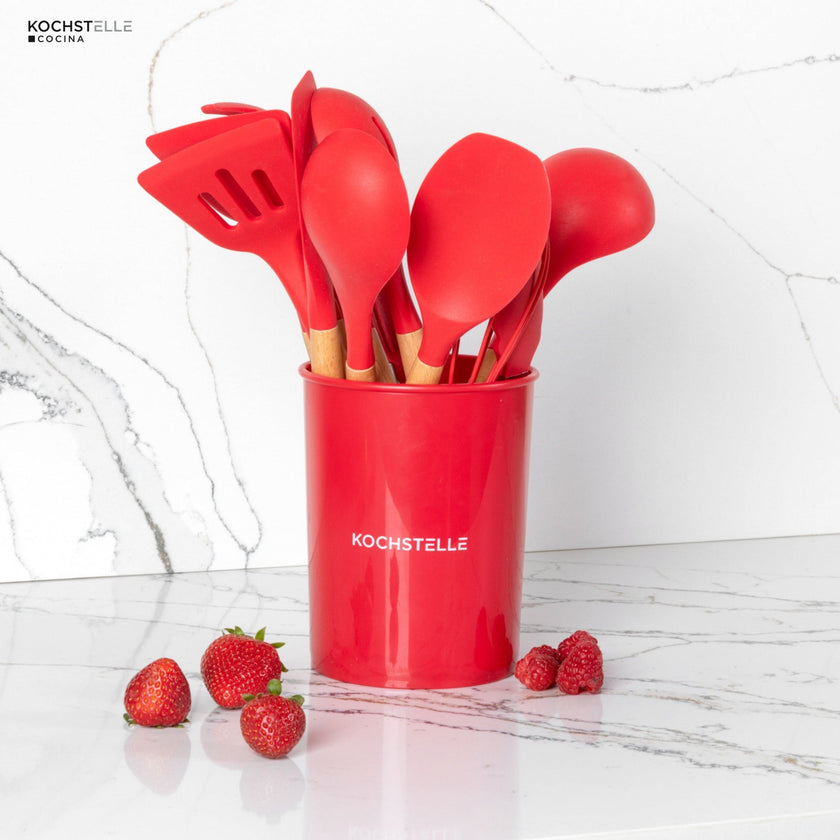 KOCHSTELLE Juego de Utensilios de Cocina Color Rojo, Silicón con Madera 12 piezas
