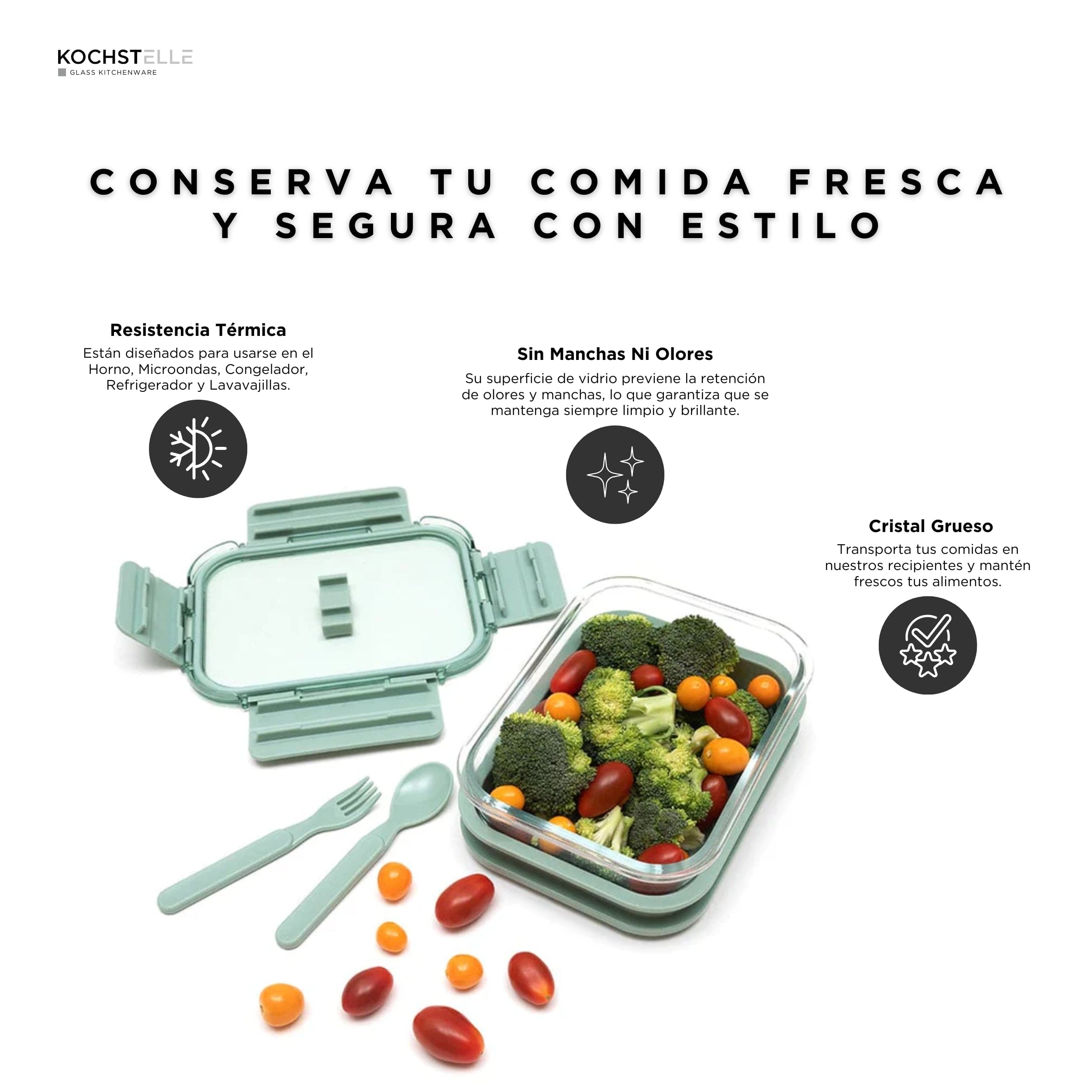 KOCHSTELLE Contenedor de Comida, Cristal y Plástico, Tapa con Cubiertos Color Verde 5 piezas