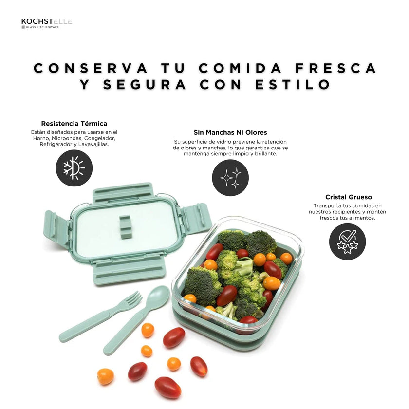 KOCHSTELLE Contenedor de Comida, Cristal y Plástico, Tapa con Cubiertos Color Verde 5 piezas