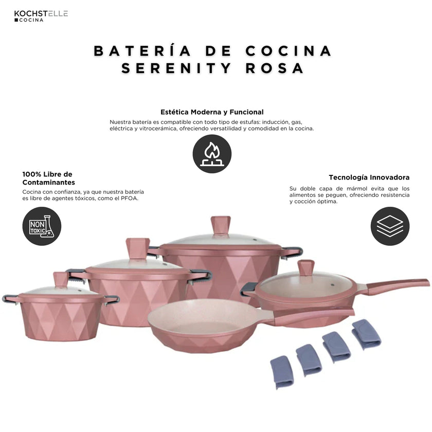 KOCHSTELLE Batería de Cocina Serenity Color Rosa Antiadherente de 13 piezas
