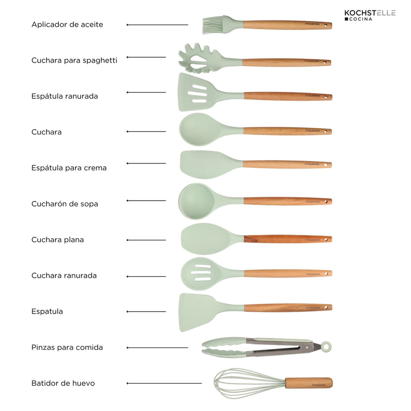 KOCHSTELLE Juego de Utensilios de Cocina Color Verde, Silicón con Madera 12 piezas