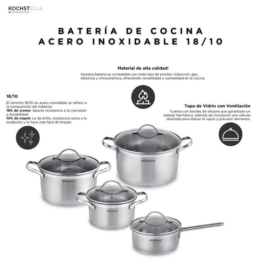 KOCHSTELLE Batería de Cocina de Acero Inoxidable Material de 18/10 de 8 piezas