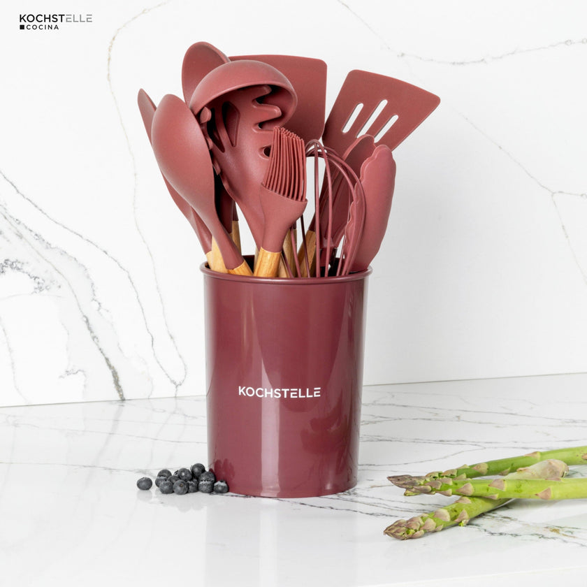 KOCHSTELLE Juego de Utensilios de Cocina Color Vino, Silicón con Madera 12 piezas