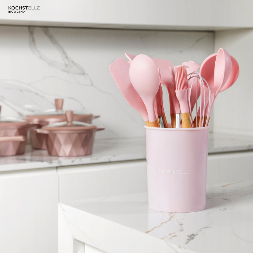 KOCHSTELLE Juego de Utensilios de Cocina Color Rosa, Silicón con Madera 12 piezas