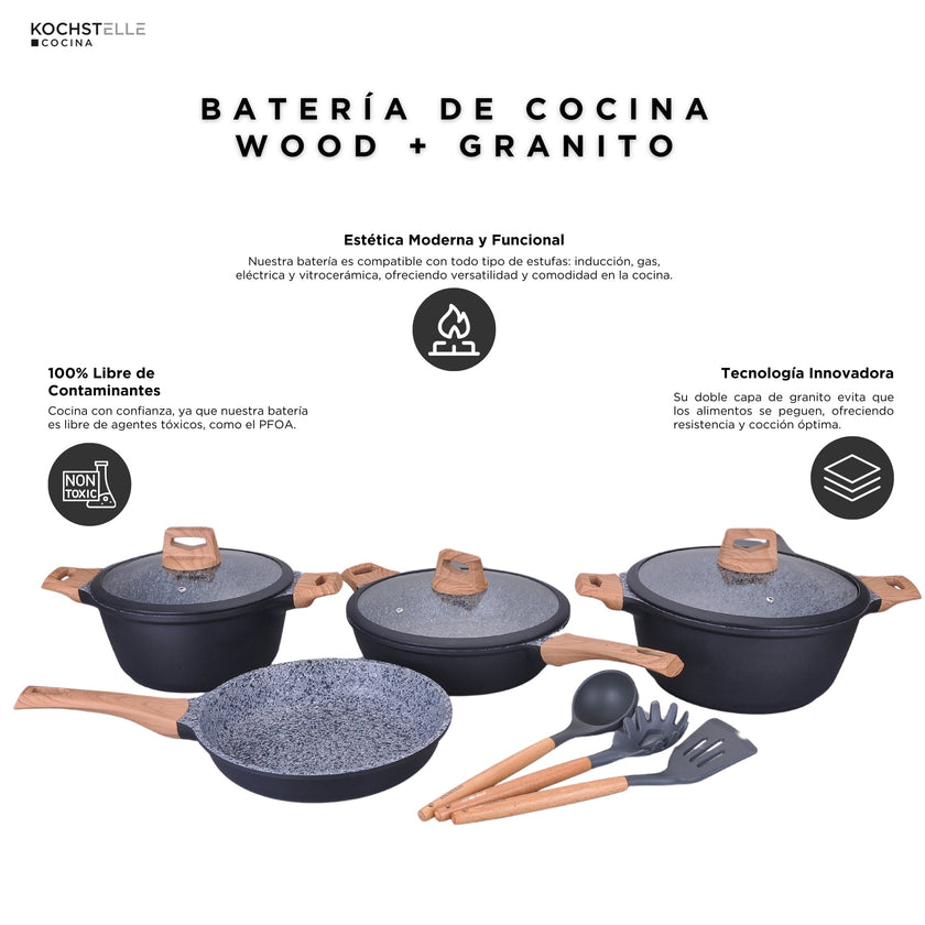 KOCHSTELLE Batería de Cocina Wood Color Negro Antiadherente de 10 piezas