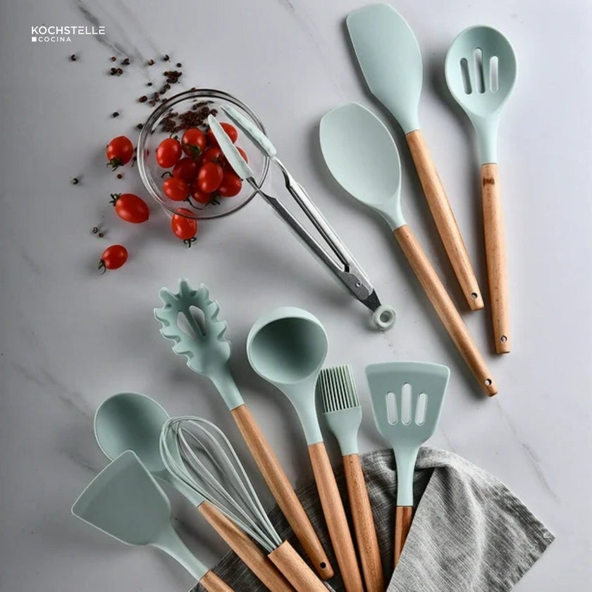 KOCHSTELLE Juego de Utensilios de Cocina Color Verde, Silicón con Madera 12 piezas