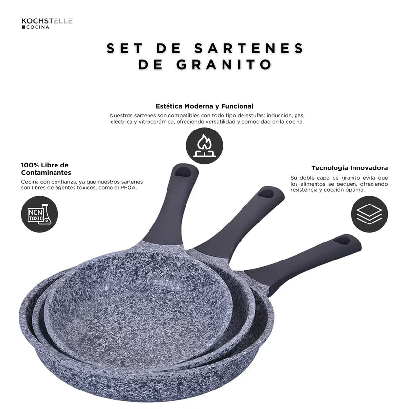 KOCHSTELLE Set de Sartenes de Granito Color Negro Antiadherente de 3 piezas